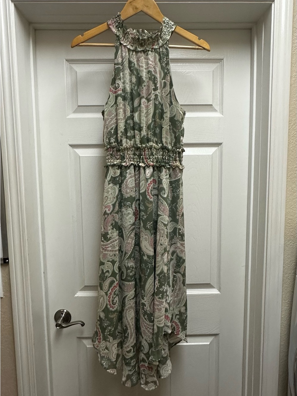 Monteau Olive Green Paisley Ruffled Neck Maxi